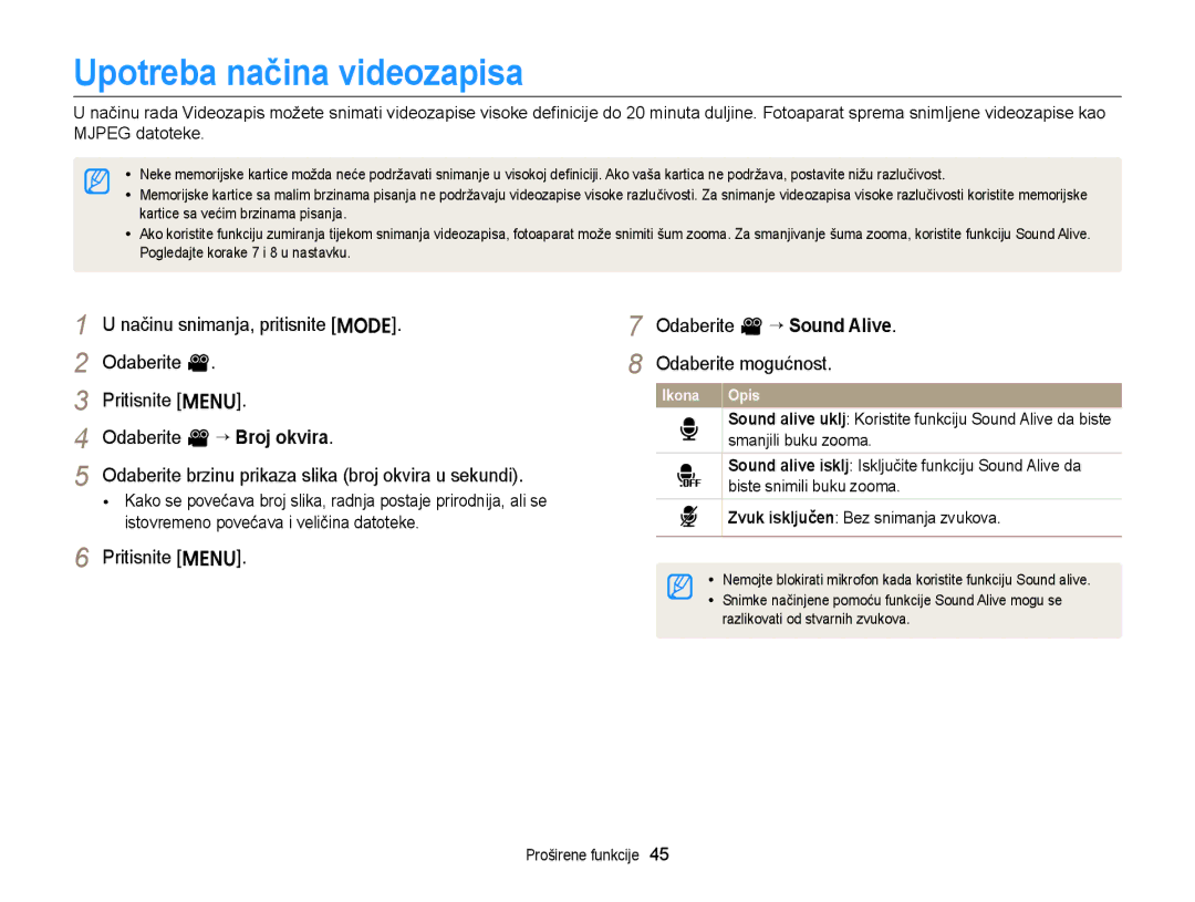 Samsung EC-ST77ZZBPSE3, EC-ST77ZZBPWE3, EC-ST77ZZFPBE3 manual Upotreba načina videozapisa, Odaberite v “ Broj okvira 