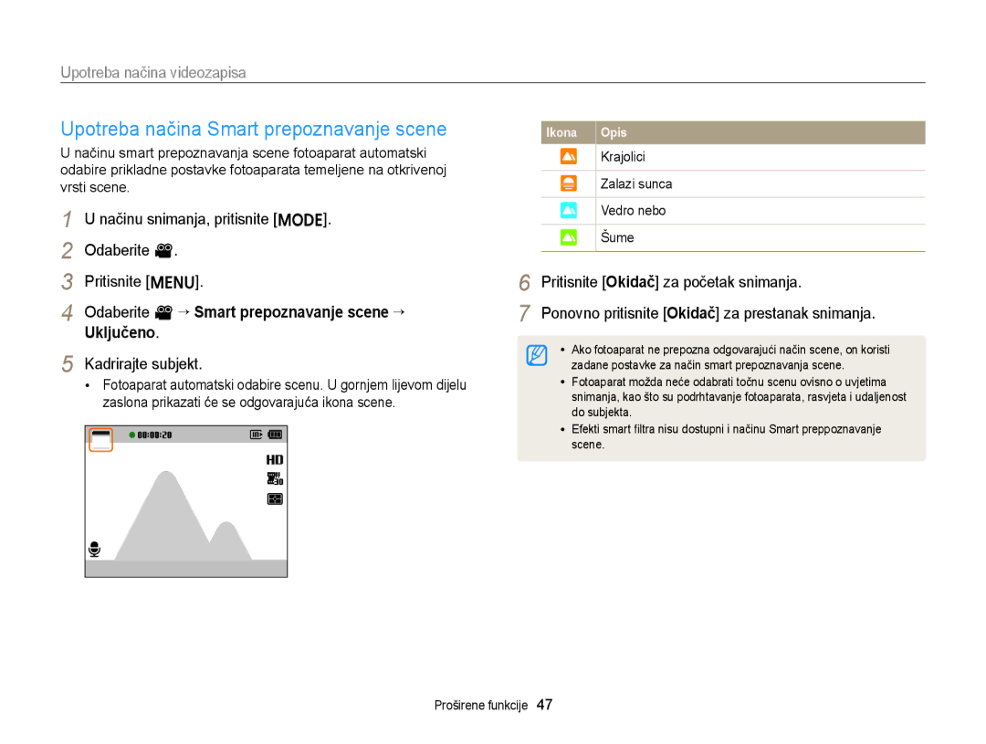 Samsung EC-ST77ZZBPWE3 Upotreba načina Smart prepoznavanje scene, Načinu snimanja, pritisnite M Odaberite Pritisnite m 