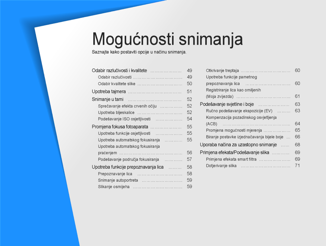 Samsung EC-ST77ZZFPBE3, EC-ST77ZZBPWE3, EC-ST77ZZFPWE3 manual Mogućnosti snimanja, Podešavanje svjetline i boje ………………… 