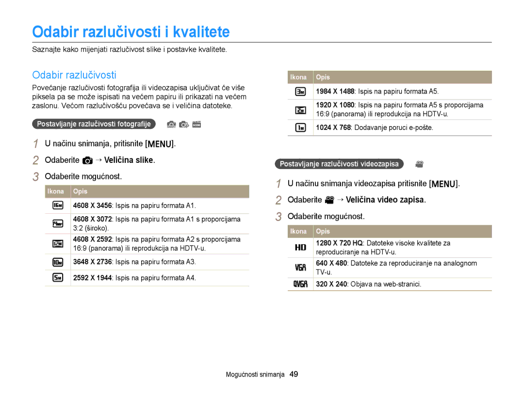 Samsung EC-ST77ZZFPWE3 manual Odabir razlučivosti i kvalitete, Načinu snimanja, pritisnite m Odaberite a “ Veličina slike 