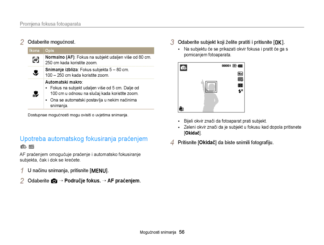 Samsung EC-ST77ZZBPBE3 manual Upotreba automatskog fokusiranja praćenjem, Promjena fokusa fotoaparata, Automatski makro 