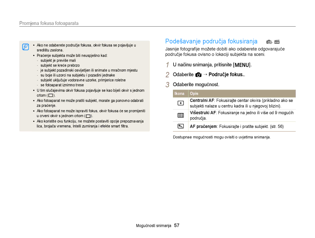 Samsung EC-ST77ZZBPSE3 Podešavanje područja fokusiranja p s, Načinu snimanja, pritisnite m Odaberite a “ Područje fokus 