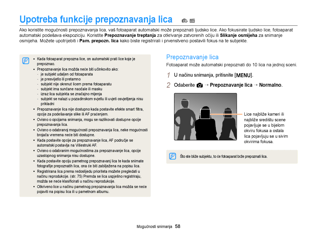 Samsung EC-ST77ZZFPSE3, EC-ST77ZZBPWE3, EC-ST77ZZFPBE3 manual Upotreba funkcije prepoznavanja lica, Prepoznavanje lica 