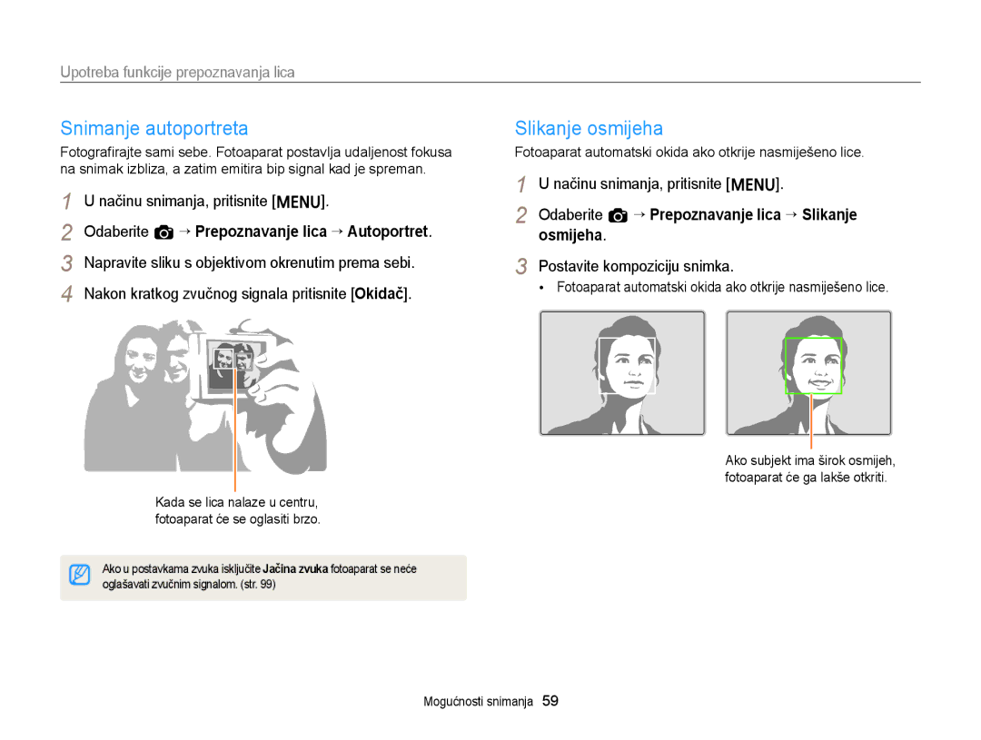 Samsung EC-ST77ZZBPWE3, EC-ST77ZZFPBE3 manual Snimanje autoportreta, Slikanje osmijeha, Upotreba funkcije prepoznavanja lica 