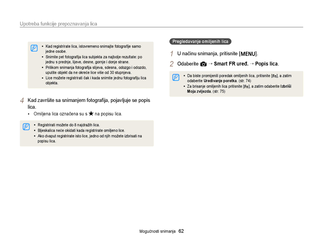 Samsung EC-ST77ZZBPBE3, EC-ST77ZZBPWE3 manual Omiljena lica označena su s na popisu lica, Pregledavanje omiljenih lica 