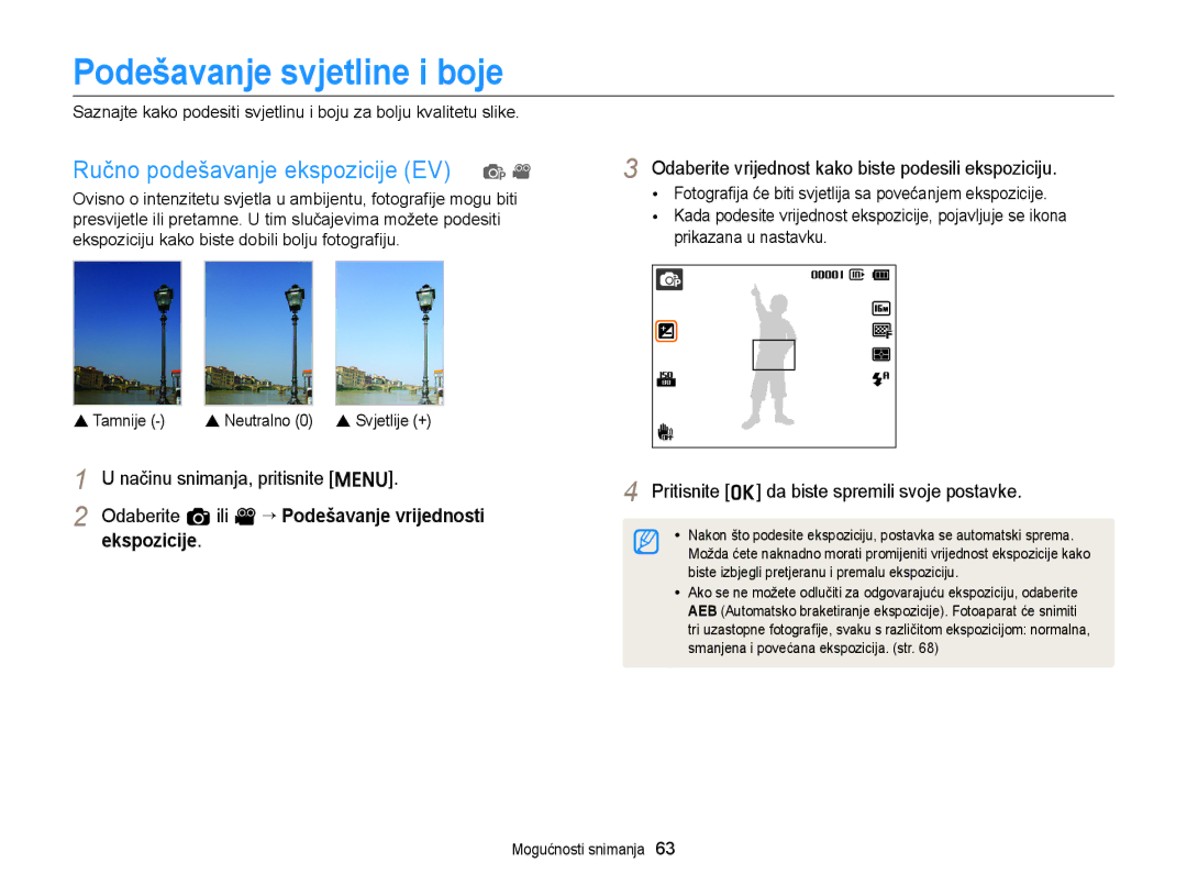 Samsung EC-ST77ZZBPSE3, EC-ST77ZZBPWE3 manual Podešavanje svjetline i boje, Ručno podešavanje ekspozicije EV p, Ekspozicije 