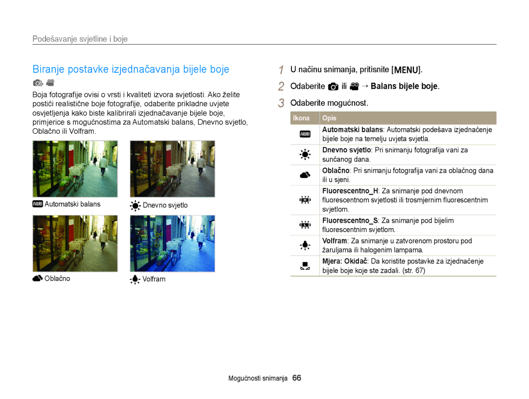 Samsung EC-ST77ZZFPBE3, EC-ST77ZZBPWE3, EC-ST77ZZFPWE3, EC-ST77ZZBPBE3 manual Biranje postavke izjednačavanja bijele boje 