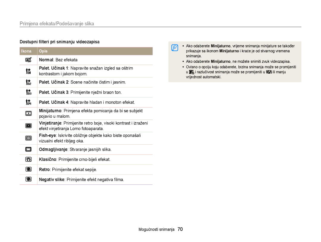 Samsung EC-ST77ZZFPSE3, EC-ST77ZZBPWE3 manual Primjena efekata/Podešavanje slika, Dostupni ﬁlteri pri snimanju videozapisa 