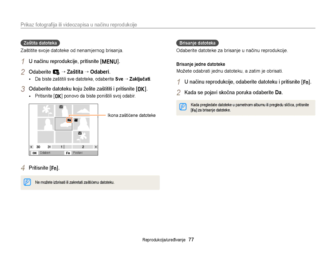 Samsung EC-ST77ZZBPWE3 manual Odaberite datoteku koju želite zaštititi i pritisnite o, Zaštita datoteka, Brisanje datoteka 