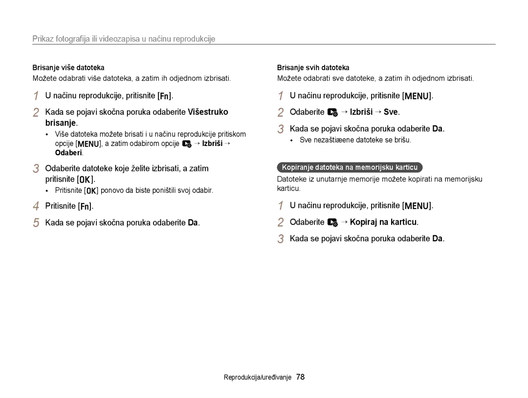 Samsung EC-ST77ZZFPBE3 manual Načinu reprodukcije, pritisnite f, Kada se pojavi skočna poruka odaberite Višestruko brisanje 