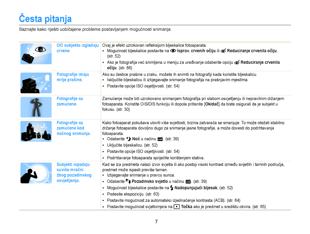 Samsung EC-ST77ZZFPWE3, EC-ST77ZZBPWE3, EC-ST77ZZFPBE3, EC-ST77ZZBPBE3 manual Česta pitanja, Reduciranje crvenila očiju 