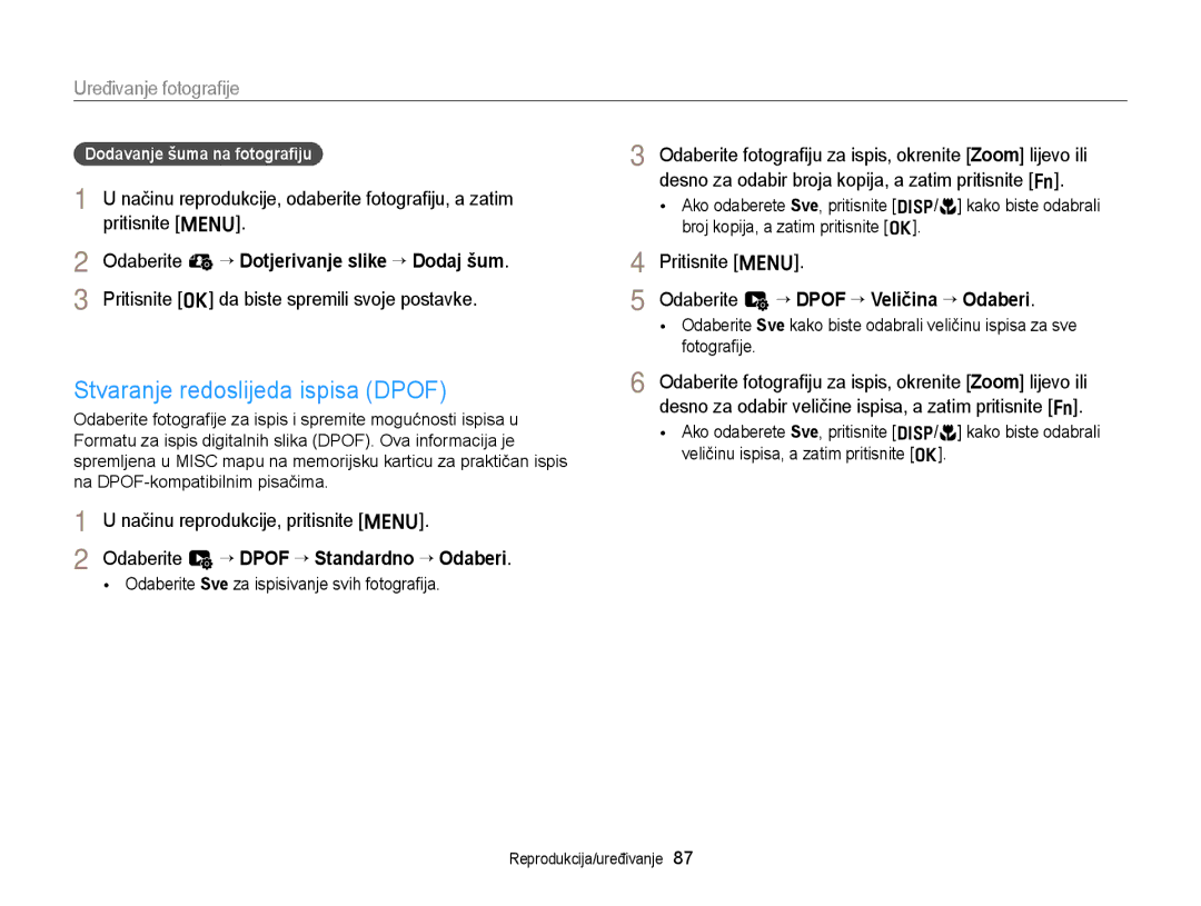 Samsung EC-ST77ZZBPSE3, EC-ST77ZZBPWE3 manual Stvaranje redoslijeda ispisa Dpof, Odaberite u “ Dpof “ Standardno “ Odaberi 