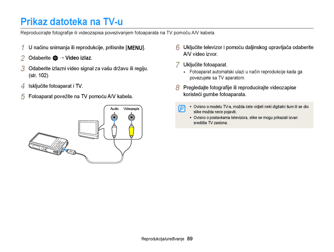 Samsung EC-ST77ZZBPWE3, EC-ST77ZZFPBE3, EC-ST77ZZFPWE3, EC-ST77ZZBPBE3 Prikaz datoteka na TV-u, Isključite fotoaparat i TV 