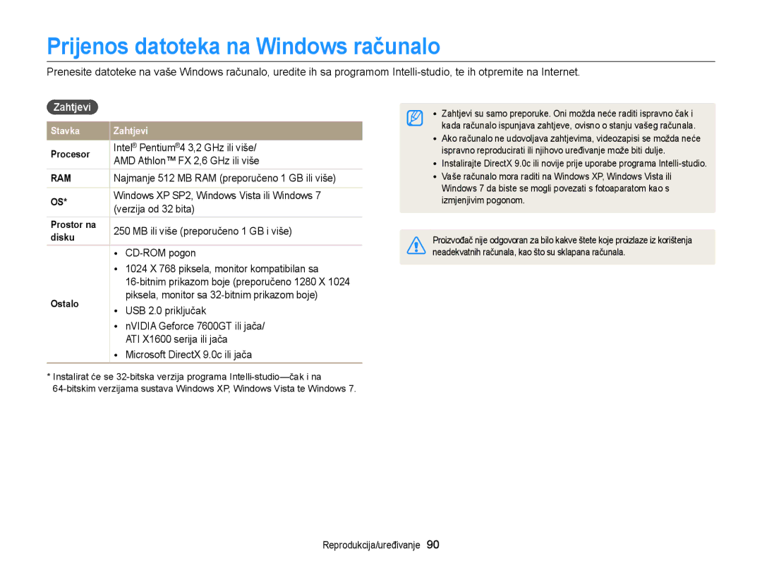 Samsung EC-ST77ZZFPBE3, EC-ST77ZZBPWE3, EC-ST77ZZFPWE3, EC-ST77ZZBPBE3 manual Prijenos datoteka na Windows računalo, Zahtjevi 