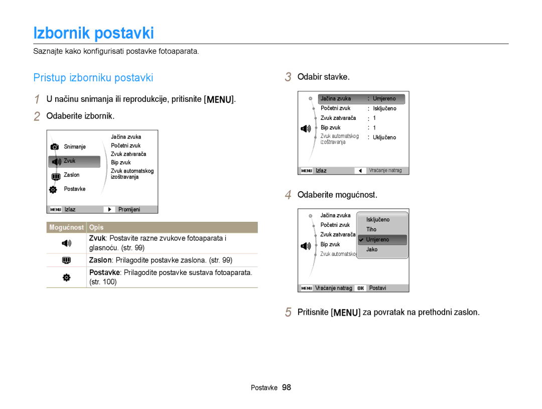 Samsung EC-ST77ZZBPBE3, EC-ST77ZZBPWE3, EC-ST77ZZFPBE3 manual Izbornik postavki, Pristup izborniku postavki, Odabir stavke 