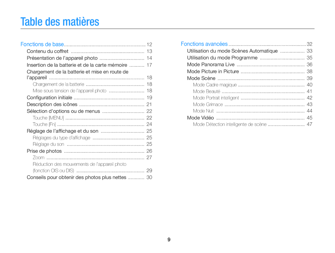 Samsung EC-ST77ZZBPBE1, EC-ST77ZZFPLFR, EC-ST77ZZBPWE1 manual Table des matières, Utilisation du mode Scènes Automatique 