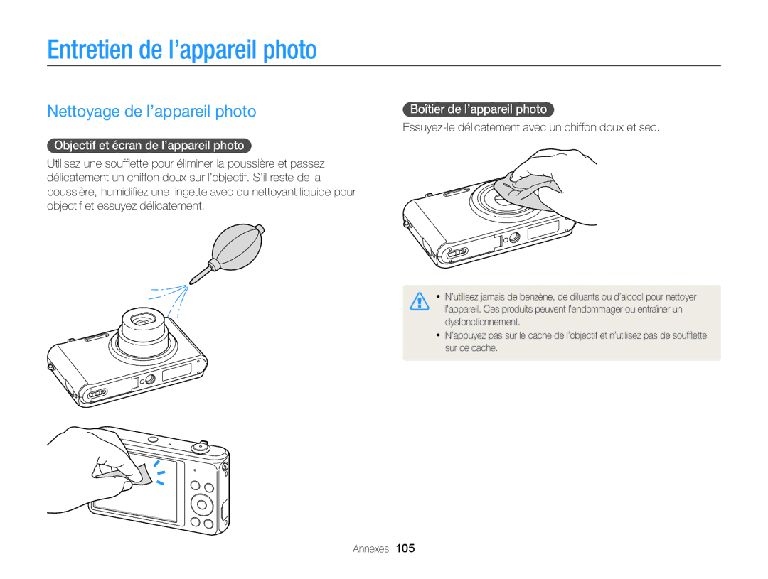 Samsung EC-ST76ZZFPRFR Entretien de l’appareil photo, Nettoyage de l’appareil photo, Objectif et écran de l’appareil photo 