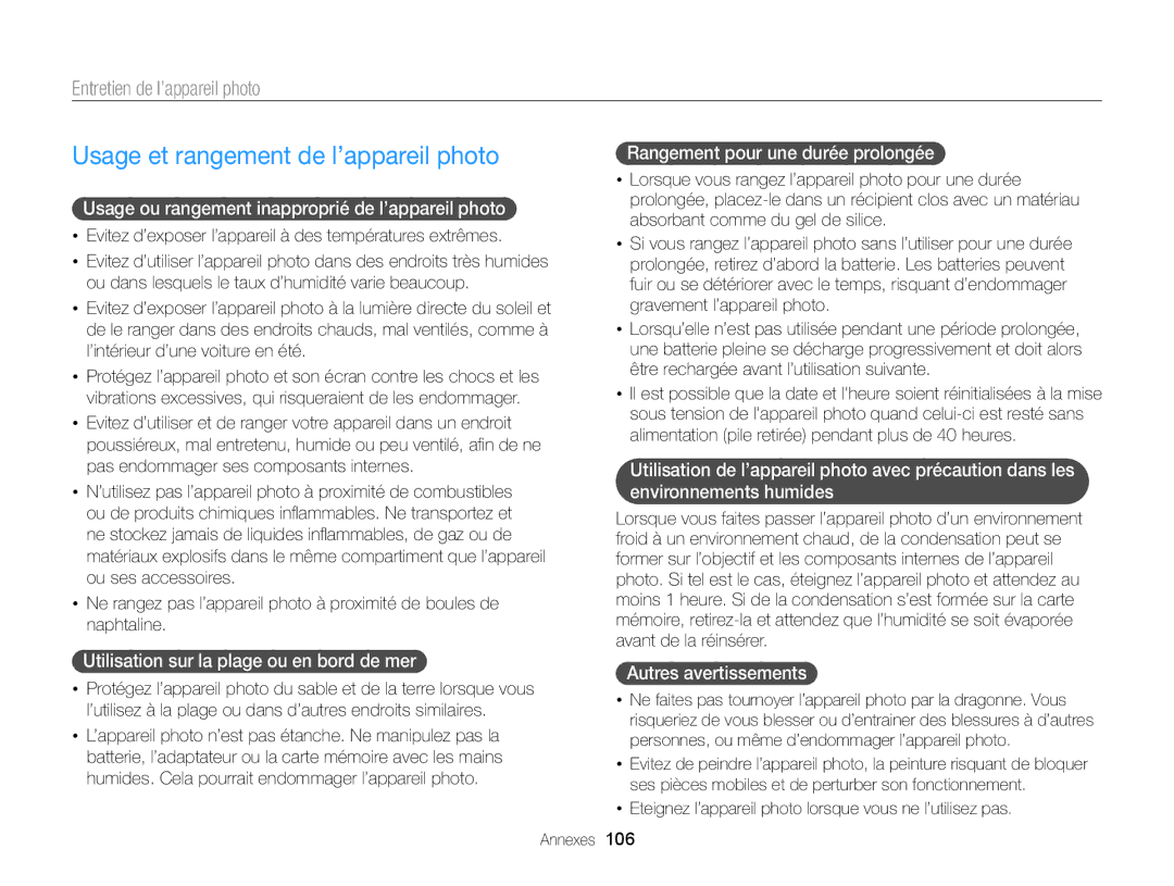 Samsung EC-ST77ZZBPLE1, EC-ST77ZZFPLFR manual Usage et rangement de l’appareil photo, Entretien de l’appareil photo 