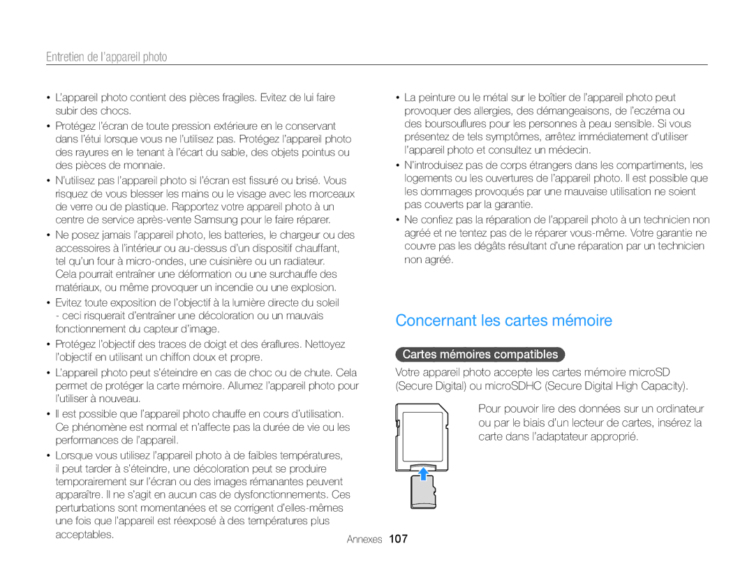 Samsung EC-ST77ZZBPBE1, EC-ST77ZZFPLFR manual Concernant les cartes mémoire, Cartes mémoires compatibles, Acceptables, 107 