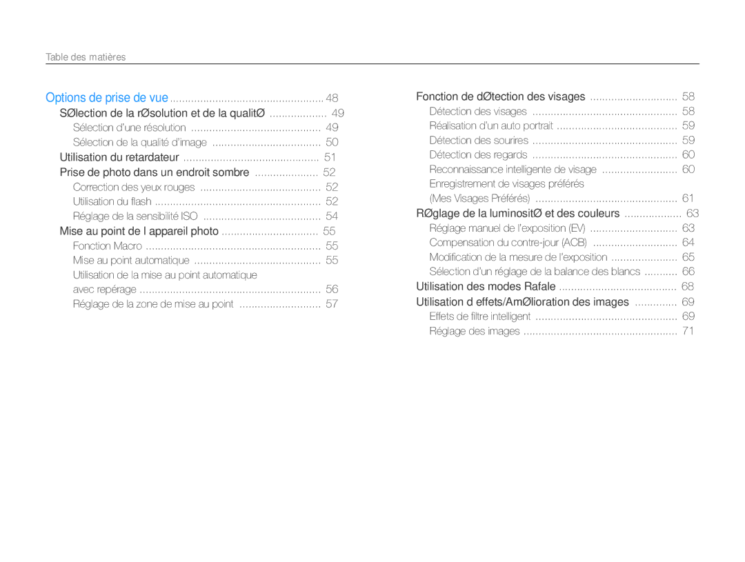 Samsung EC-ST76ZZBPLE1, EC-ST77ZZFPLFR, EC-ST77ZZBPWE1 manual Table des matières, Prise de photo dans un endroit sombre 