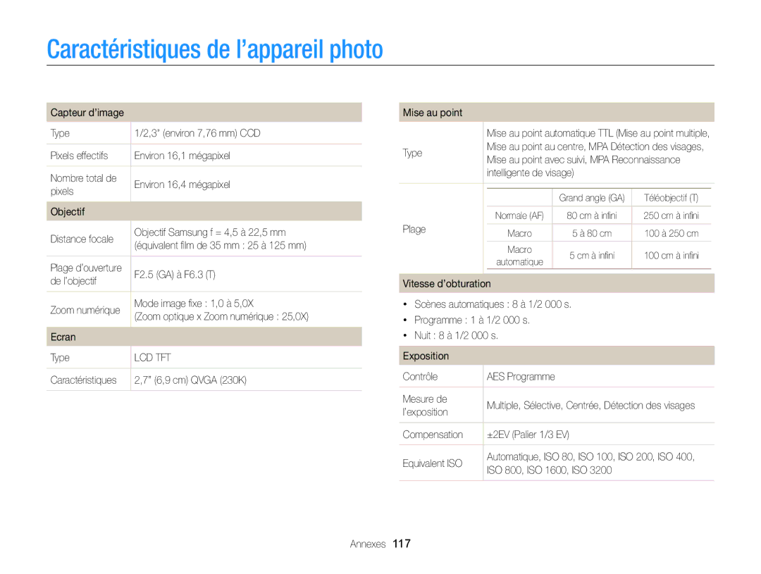 Samsung EC-ST77ZZFPWFR, EC-ST77ZZFPLFR, EC-ST77ZZBPWE1, EC-ST77ZZBPRE1, EC-ST76ZZBPBE1 Caractéristiques de l’appareil photo 