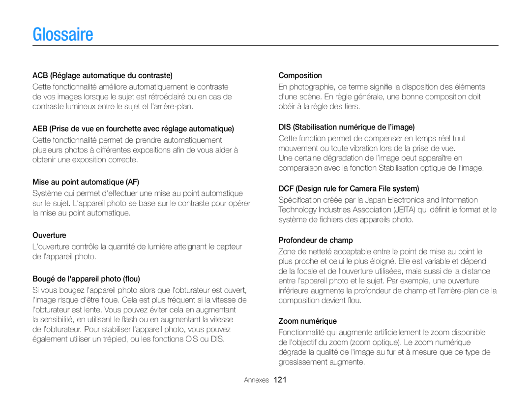 Samsung EC-ST77ZZBPBE1, EC-ST77ZZFPLFR, EC-ST77ZZBPWE1, EC-ST77ZZBPRE1 manual Glossaire, ACB Réglage automatique du contraste 