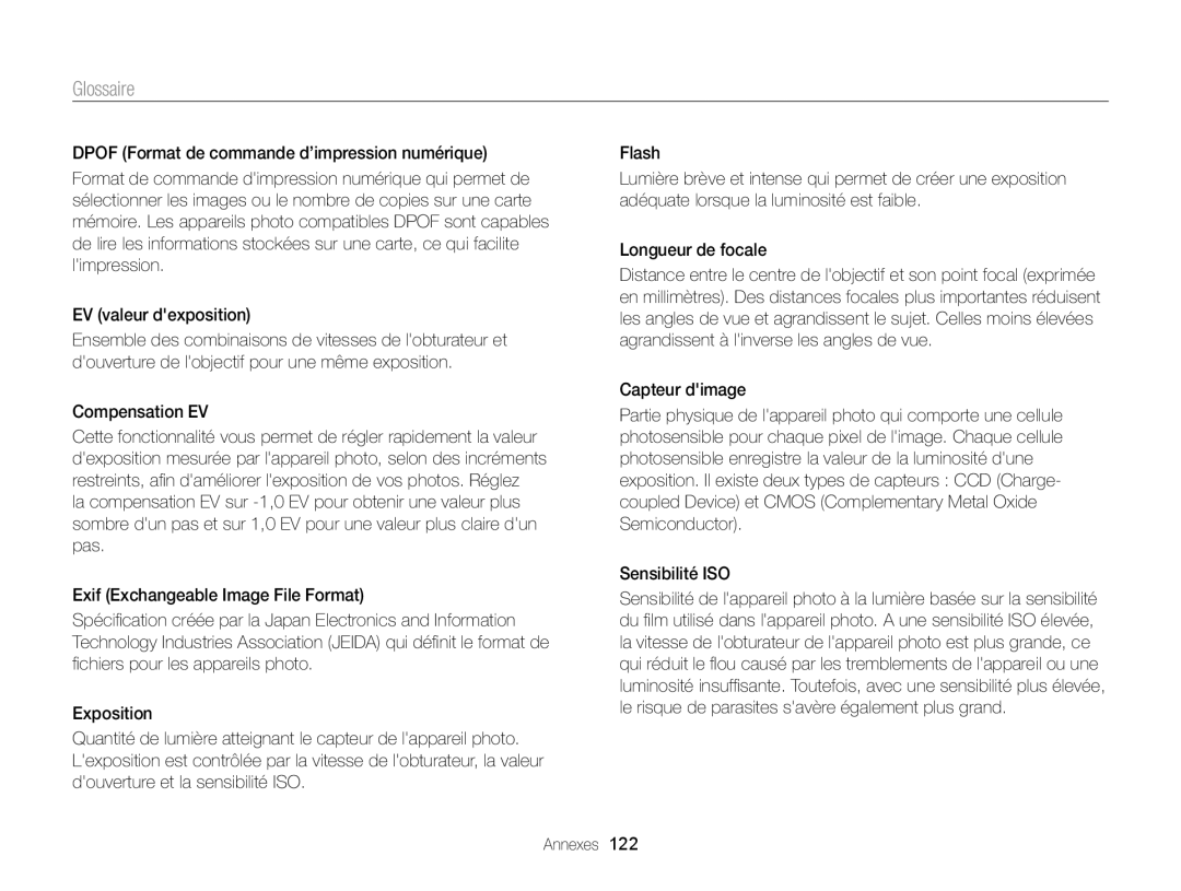 Samsung EC-ST76ZZBPLE1, EC-ST77ZZFPLFR, EC-ST77ZZBPWE1, EC-ST77ZZBPRE1, EC-ST76ZZBPBE1 manual Glossaire, Compensation EV 