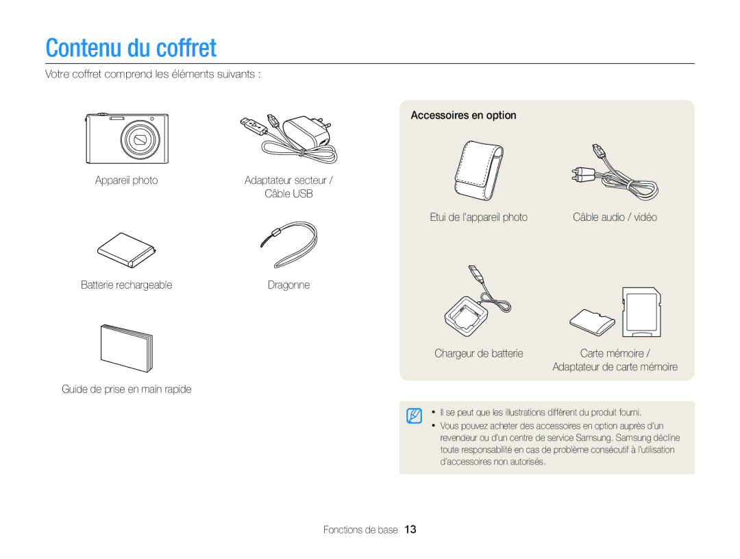 Samsung EC-ST77ZZFPLFR, EC-ST77ZZBPWE1, EC-ST77ZZBPRE1, EC-ST76ZZBPBE1, EC-ST77ZZFPBFR, EC-ST76ZZFPLFR manual Contenu du coffret 