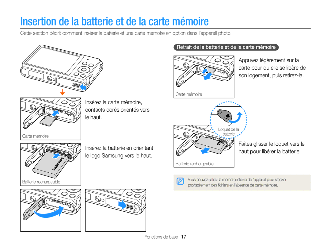 Samsung EC-ST77ZZFPBFR Insertion de la batterie et de la carte mémoire, Retrait de la batterie et de la carte mémoire 