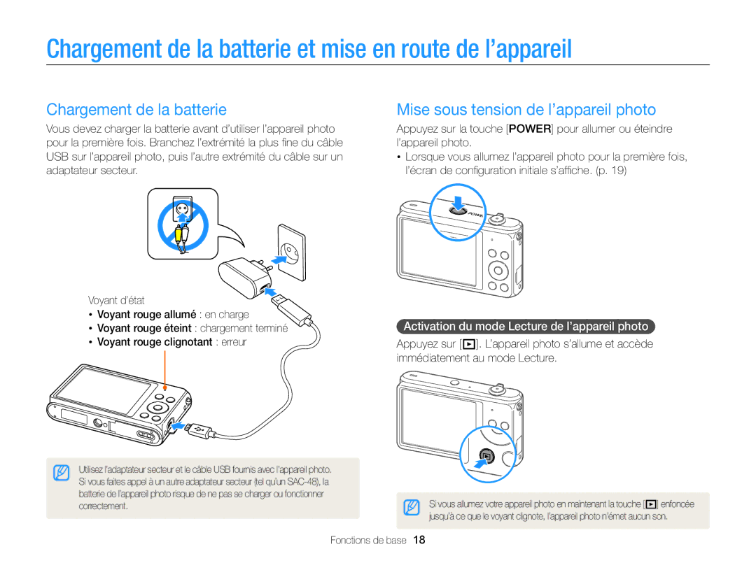 Samsung EC-ST76ZZFPLFR Chargement de la batterie et mise en route de l’appareil, Mise sous tension de l’appareil photo 