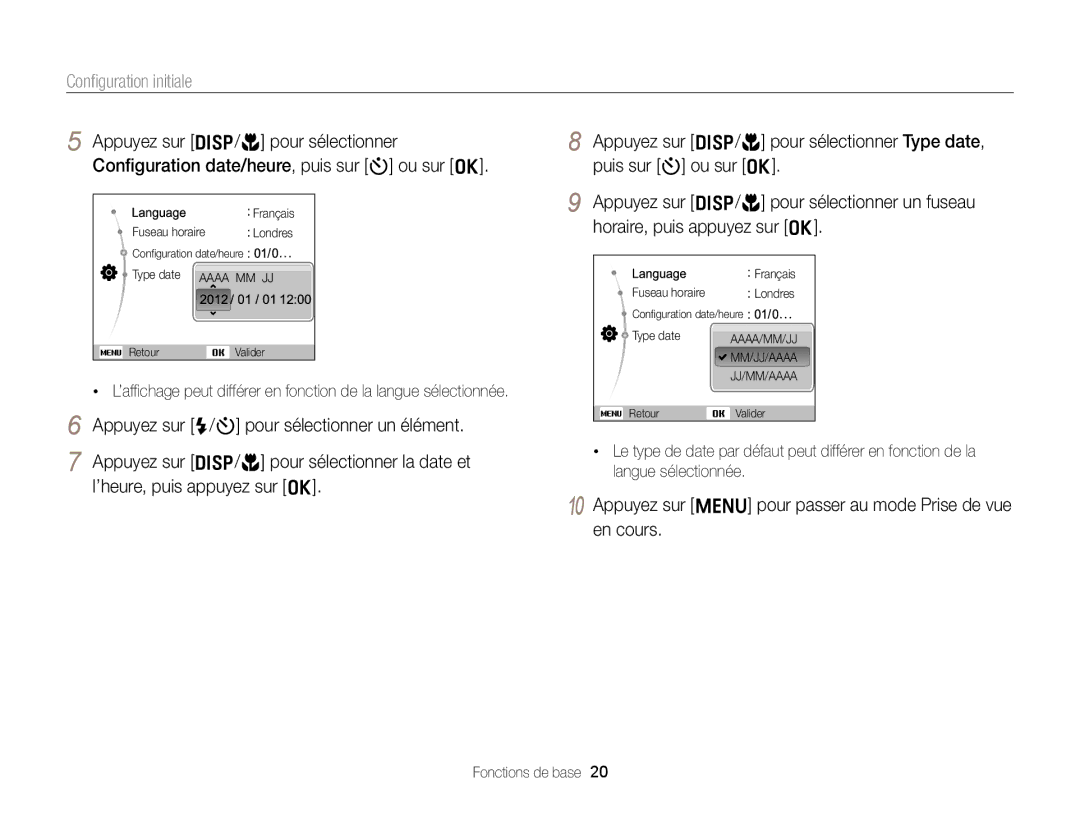 Samsung EC-ST77ZZBPSE1, EC-ST77ZZFPLFR manual Conﬁguration initiale, Appuyez sur m pour passer au mode Prise de vue en cours 