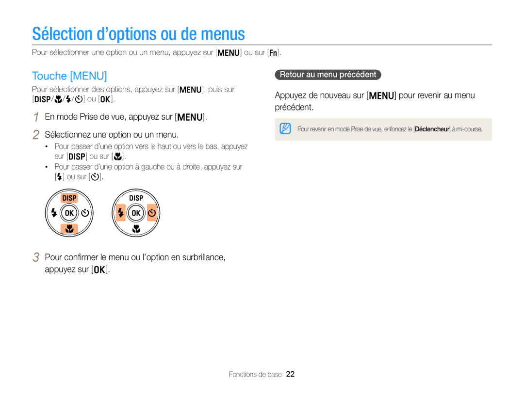 Samsung EC-ST77ZZBPLE1, EC-ST77ZZFPLFR manual Sélection d’options ou de menus, Touche Menu, Retour au menu précédent 