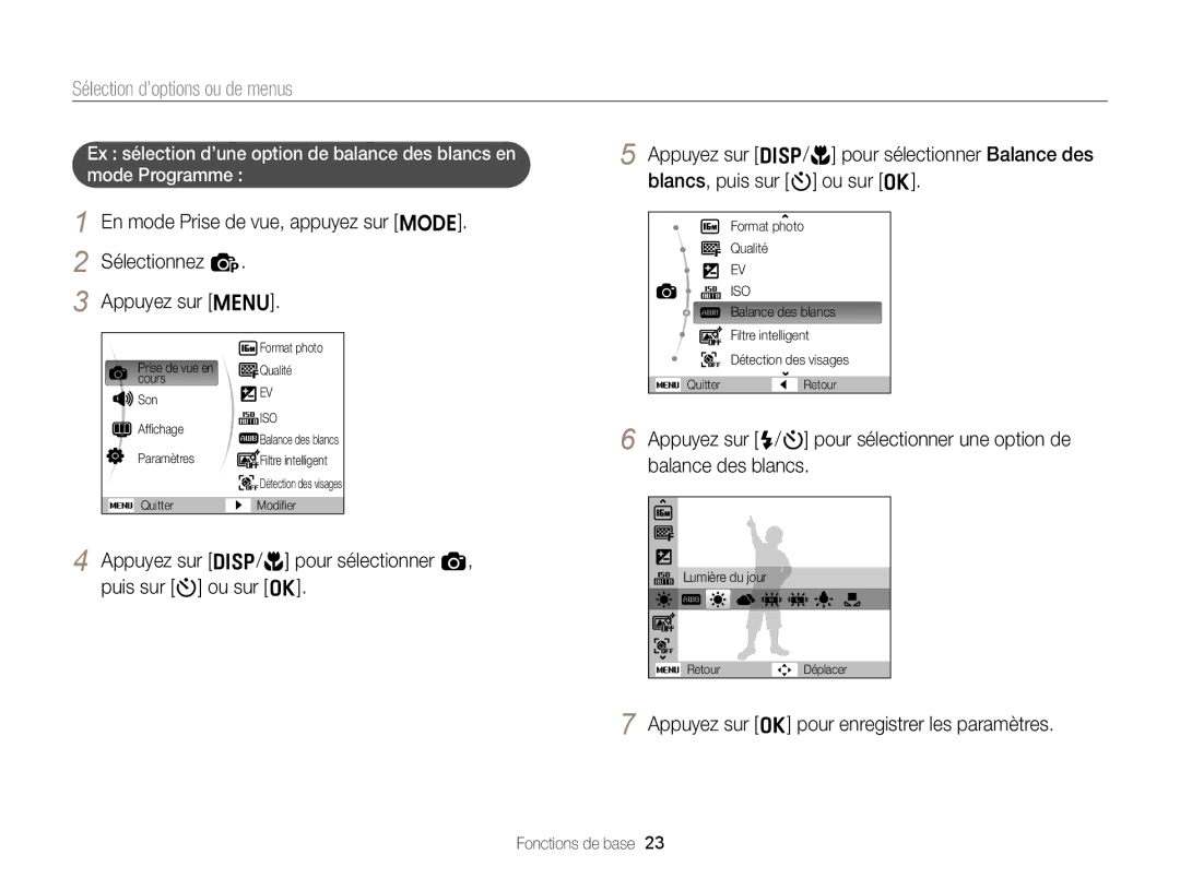 Samsung EC-ST77ZZBPBE1, EC-ST77ZZFPLFR manual Sélection d’options ou de menus, Appuyez sur o pour enregistrer les paramètres 