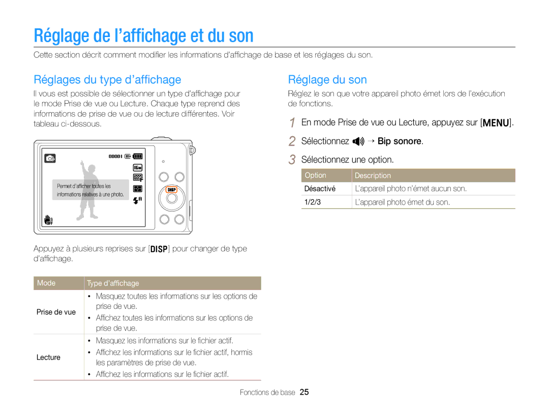 Samsung EC-ST76ZZFPBFR Réglage de l’afﬁchage et du son, Réglages du type d’afﬁchage, Réglage du son, Option Description 