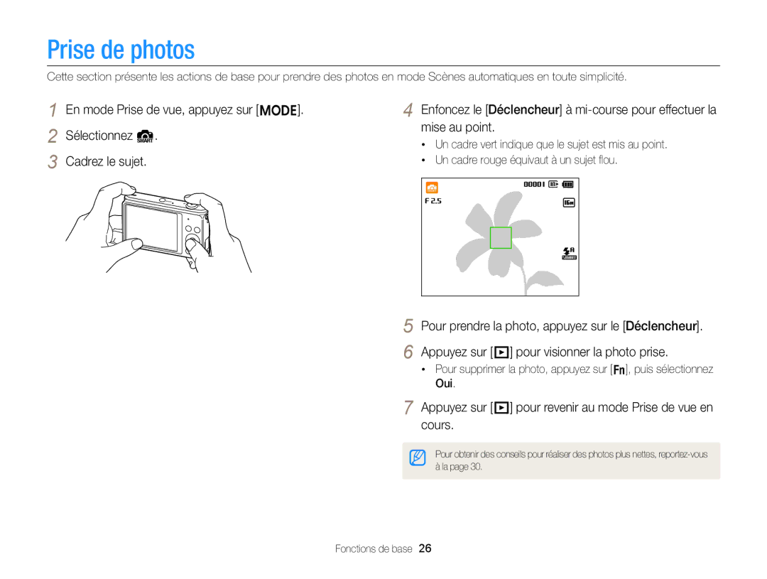 Samsung EC-ST77ZZFPRFR, EC-ST77ZZFPLFR manual Prise de photos, Appuyez sur P pour revenir au mode Prise de vue en cours 