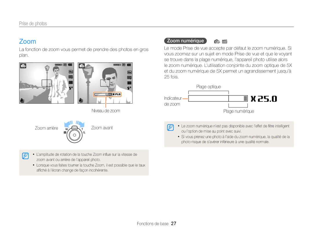 Samsung EC-ST77ZZFPLFR, EC-ST77ZZBPWE1, EC-ST77ZZBPRE1 manual Prise de photos, Zoom numérique p s, Plage numérique 