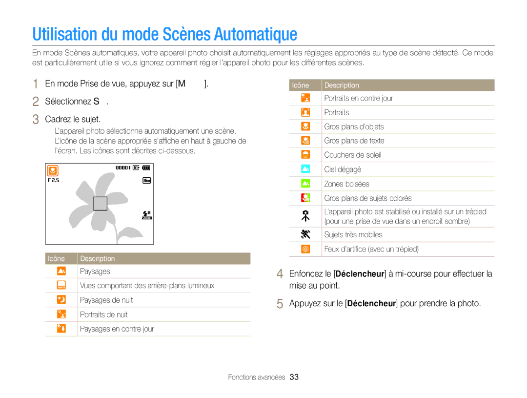 Samsung EC-ST77ZZFPWFR manual Utilisation du mode Scènes Automatique, En mode Prise de vue, appuyez sur M, Sélectionnez S 