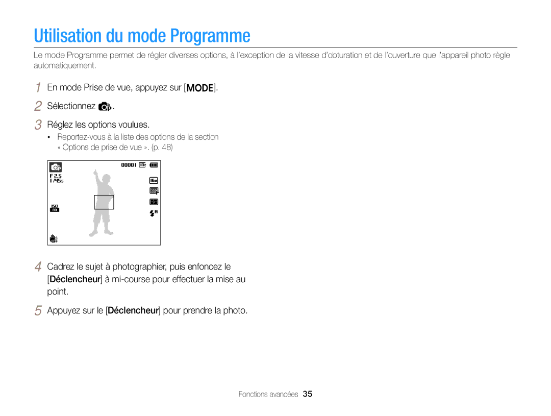 Samsung EC-ST76ZZFPRFR, EC-ST77ZZFPLFR, EC-ST77ZZBPWE1, EC-ST77ZZBPRE1, EC-ST76ZZBPBE1 manual Utilisation du mode Programme 