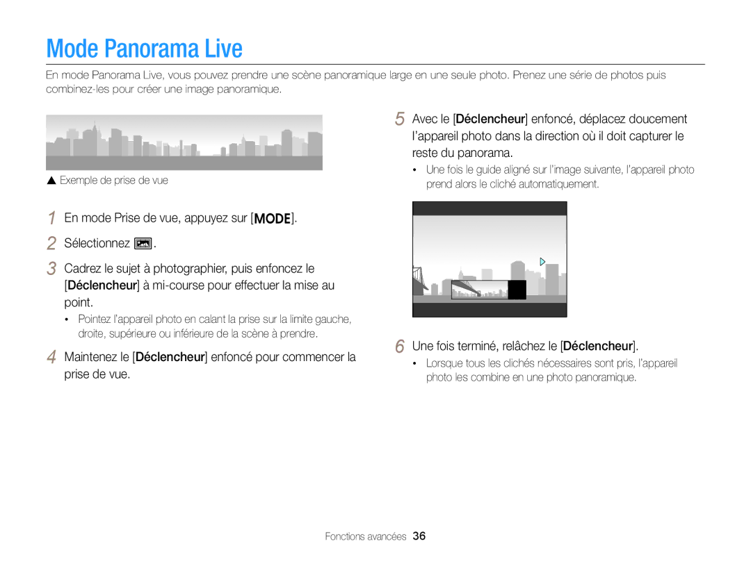 Samsung EC-ST77ZZBPLE1 manual Mode Panorama Live, Avec le Déclencheur enfoncé, déplacez doucement, Reste du panorama 