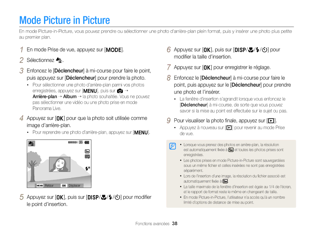 Samsung EC-ST76ZZBPLE1, EC-ST77ZZFPLFR manual Mode Picture in Picture, En mode Prise de vue, appuyez sur M Sélectionnez d 