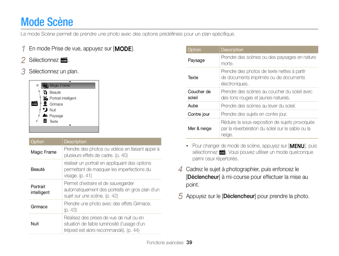 Samsung EC-ST76ZZFPBFR, EC-ST77ZZFPLFR, EC-ST77ZZBPWE1, EC-ST77ZZBPRE1, EC-ST76ZZBPBE1, EC-ST77ZZFPBFR manual Mode Scène 