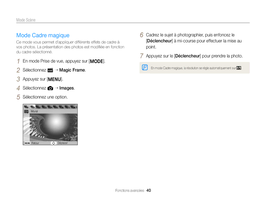 Samsung EC-ST77ZZFPRFR, EC-ST77ZZFPLFR, EC-ST77ZZBPWE1, EC-ST77ZZBPRE1, EC-ST76ZZBPBE1 manual Mode Cadre magique, Mode Scène 