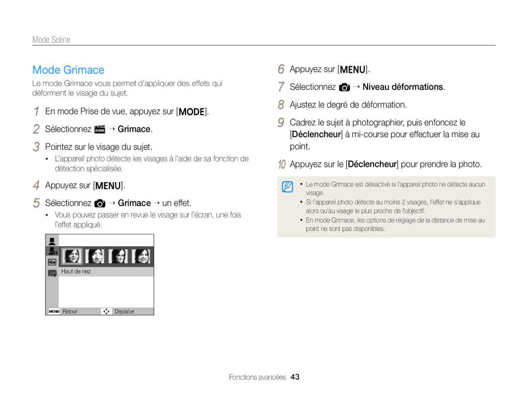 Samsung EC-ST77ZZBPRE1, EC-ST77ZZFPLFR, EC-ST77ZZBPWE1 manual Mode Grimace, Appuyez sur m Sélectionnez a “ Grimace “ un effet 