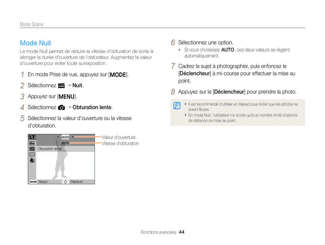 Samsung EC-ST76ZZBPBE1, EC-ST77ZZFPLFR, EC-ST77ZZBPWE1, EC-ST77ZZBPRE1 Mode Nuit, Valeur d’ouverture Vitesse d’obturation 