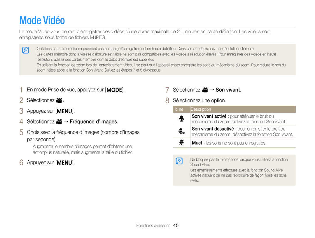 Samsung EC-ST77ZZFPBFR, EC-ST77ZZFPLFR, EC-ST77ZZBPWE1, EC-ST77ZZBPRE1, EC-ST76ZZBPBE1, EC-ST76ZZFPLFR manual Fonctions avancées 