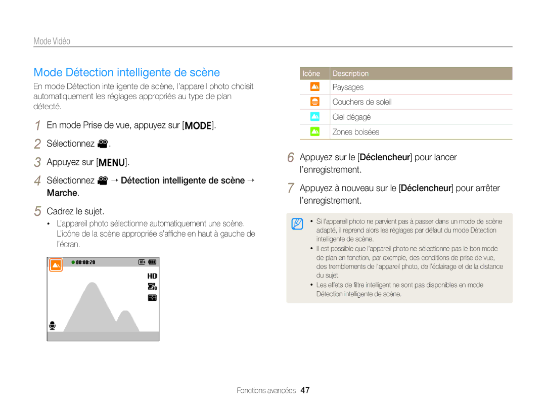 Samsung EC-ST77ZZFPWFR manual Mode Détection intelligente de scène, Paysages Couchers de soleil Ciel dégagé Zones boisées 