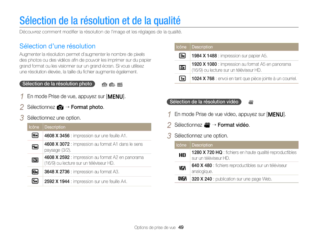 Samsung EC-ST76ZZFPRFR, EC-ST77ZZFPLFR manual Sélection de la résolution et de la qualité, Sélection d’une résolution 