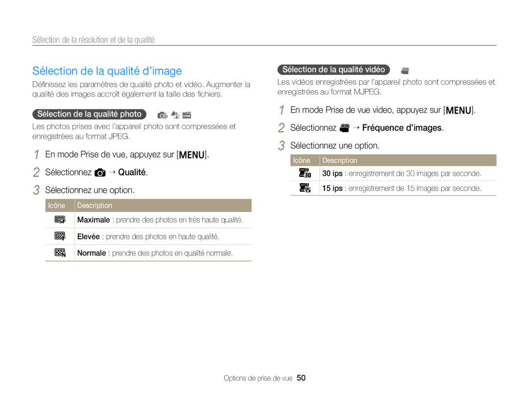 Samsung EC-ST77ZZBPLE1, EC-ST77ZZFPLFR manual Sélection de la qualité d’image, Sélection de la résolution et de la qualité 