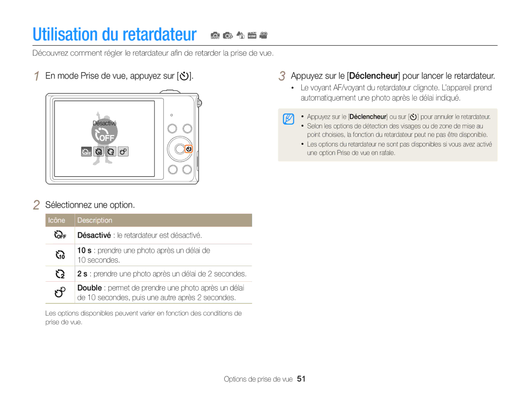 Samsung EC-ST77ZZBPBE1 manual En mode Prise de vue, appuyez sur t, Appuyez sur le Déclencheur pour lancer le retardateur 