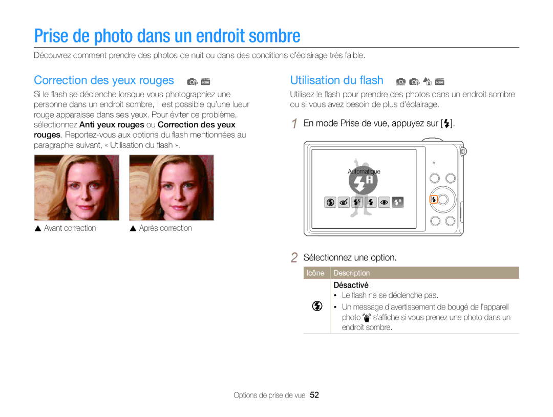 Samsung EC-ST76ZZBPLE1 Prise de photo dans un endroit sombre, Correction des yeux rouges p s, Utilisation du ﬂash S p d s 